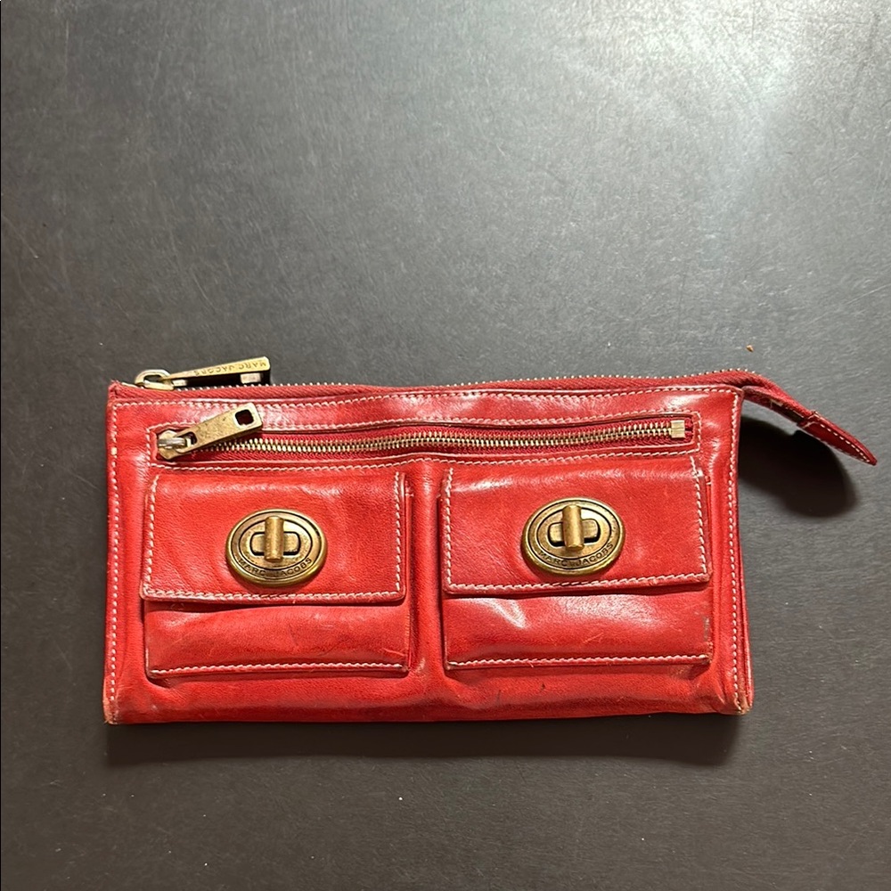 Marc Jacobs vintage wallet. Red leather with gold hardware. Front pockets & zips